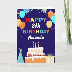 8th Happy Birthday Colourful Balloon Cake Navy Blu Card
