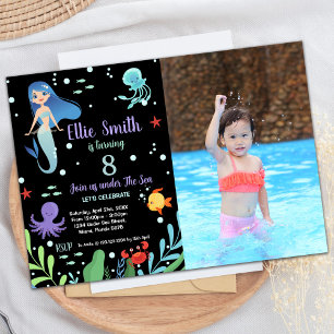 8th Mermaid Birthday Invitations with photo