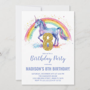 8th Rainbow Unicorn Birthday Invitations
