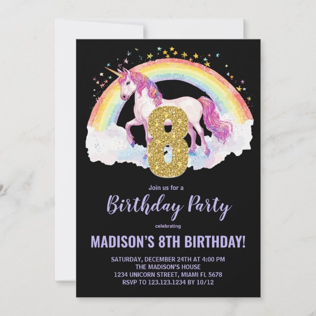 8th Rainbow Unicorn Birthday Invitations (Front)