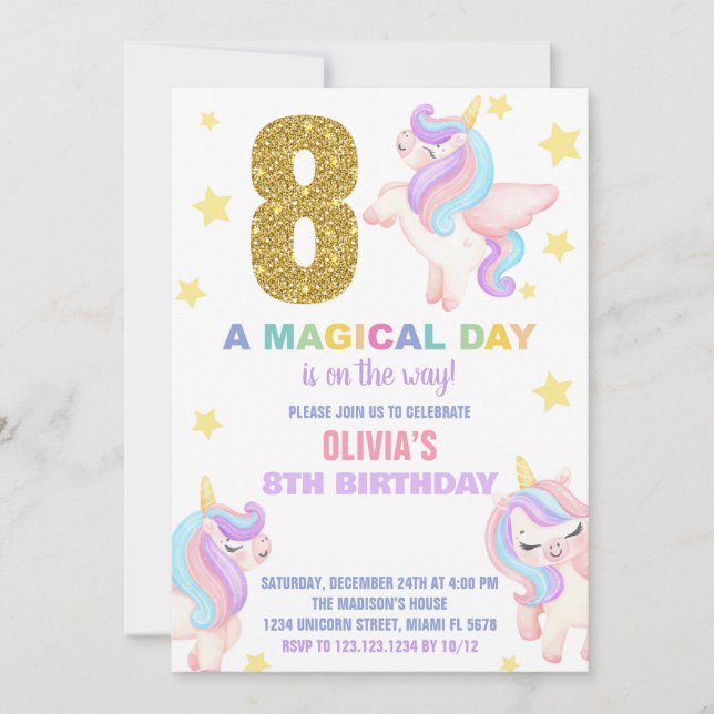 8th Rainbow Unicorn Birthday Invitations Fly (Front)