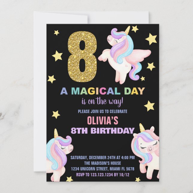 8th Rainbow Unicorn Birthday Invitations Fly (Front)