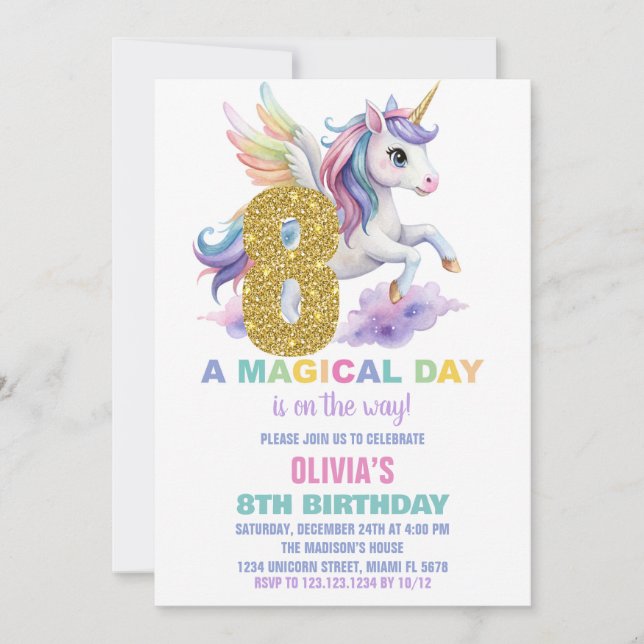 8th Rainbow Unicorn Birthday Invitations Fly (Front)