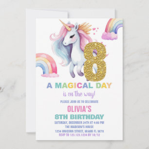 8th Rainbow Unicorn Birthday Invitations Glitter