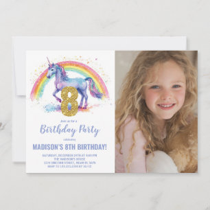 8th Rainbow Unicorn Birthday Invitations photo