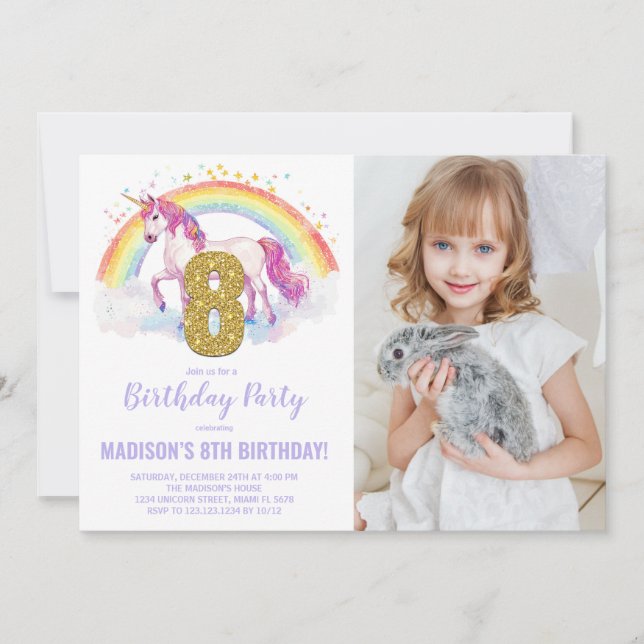 8th Rainbow Unicorn Birthday Invitations photo (Front)