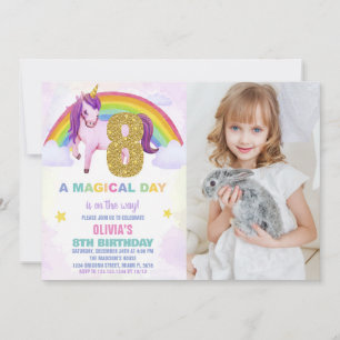 8th Rainbow Unicorn Birthday Invitations w photo