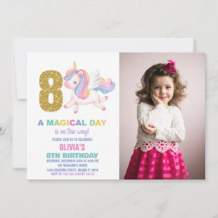 8th Rainbow Unicorn Birthday Invitations w photo