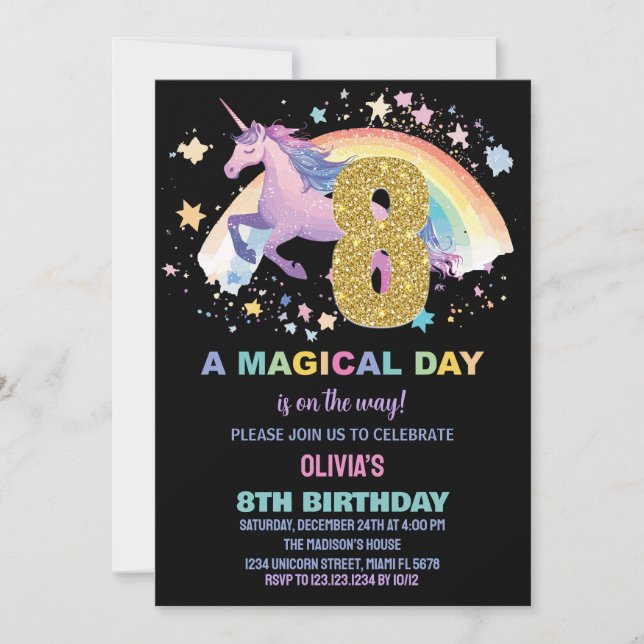 8th Unicorn Birthday Invitations (Front)
