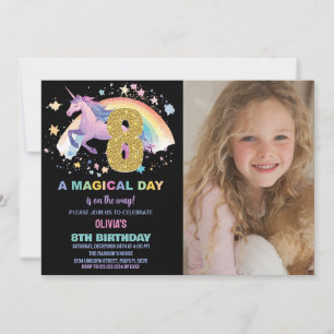 8th Unicorn Birthday Invitations with photo