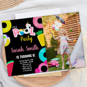 8th Unicorn watermelon Photo Pool Birthday Invitation