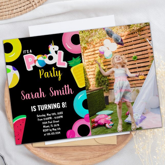 8th Unicorn watermelon Photo Pool Birthday Invitation (8th Unicorn watermelon Photo Pool Birthday Invitation)