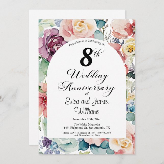 8th Wedding Anniversary Elegant Script Floral Invitation (Front/Back)