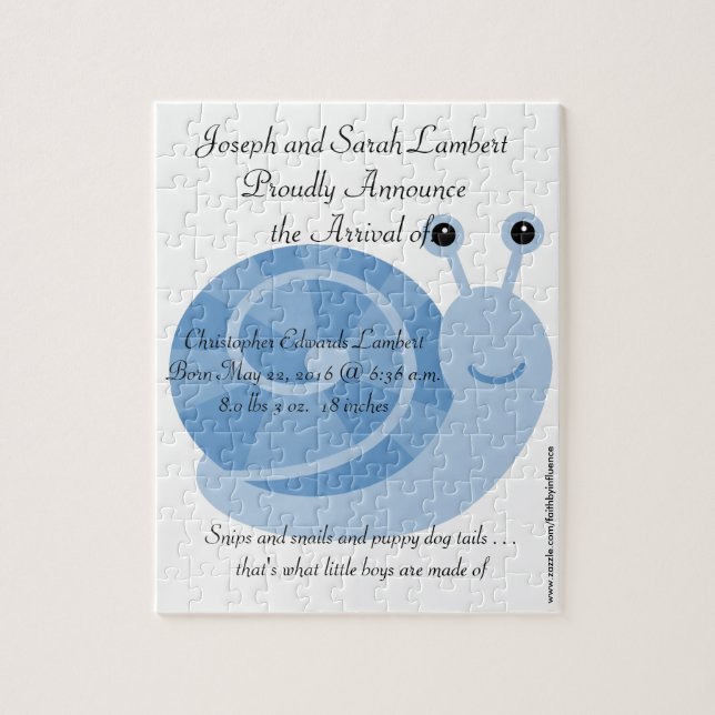 8x10 Baby Boy Gender Reveal Sammy Snail Puzzle (Vertical)