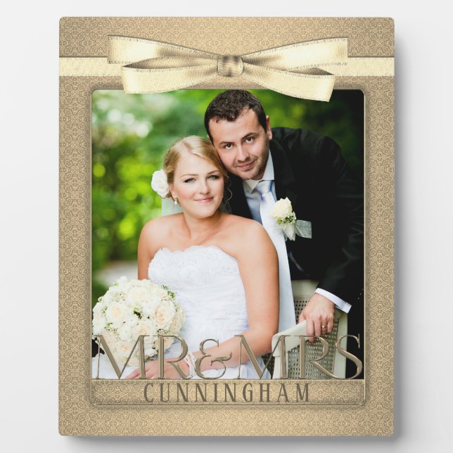 8x10 Champagne Damask Mr Mrs Wedding Photo Plaque (Front)