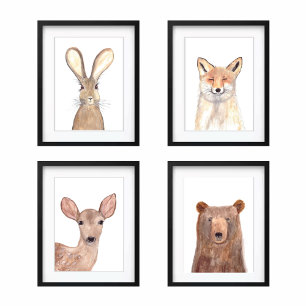 8x10 Woodland Cute Watercolor Forest Animals