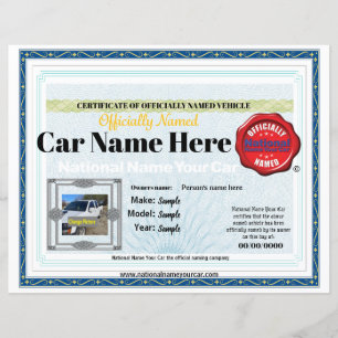8x11 National Name Your Car official certificate