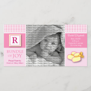 8x4 Pink Gingham Monogrammed Birth Announcement