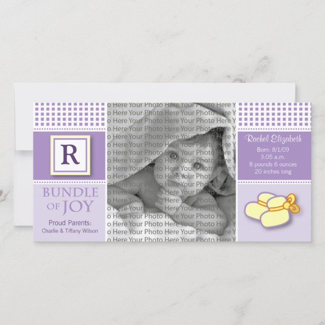 8x4 Purple Gingham Monogrammed Birth Announcement (Front)