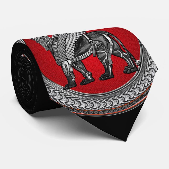 [900] Assyrian Winged Lion: Silver & Black Lamassu Tie (Rolled)