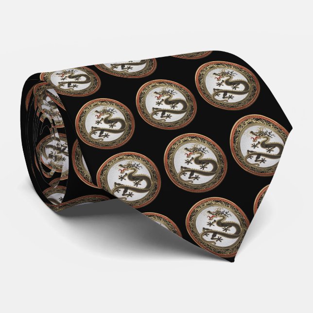 [900] Black and Gold Sacred Eastern Dragon Tie (Rolled)