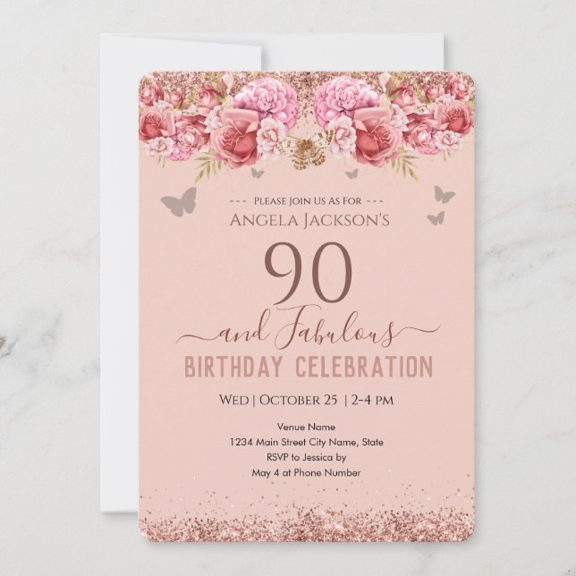 90 and Fabulous Adult Birthday Pink Invitation (Front)