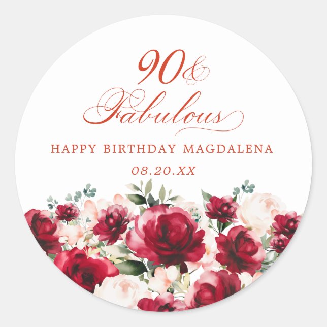 90 and Fabulous Birthday Personalised Custom Classic Round Sticker (Front)