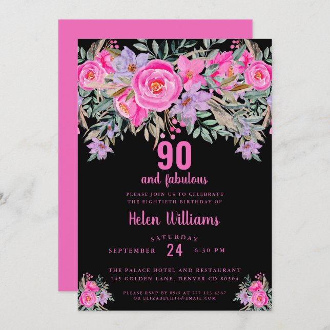90 and fabulous black pink 90th birthday invitation (Front/Back)