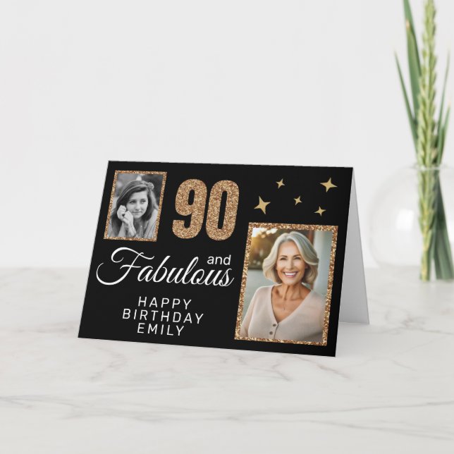 90 and Fabulous Gold Glitter 2 Photo 90th Birthday Card (Front)