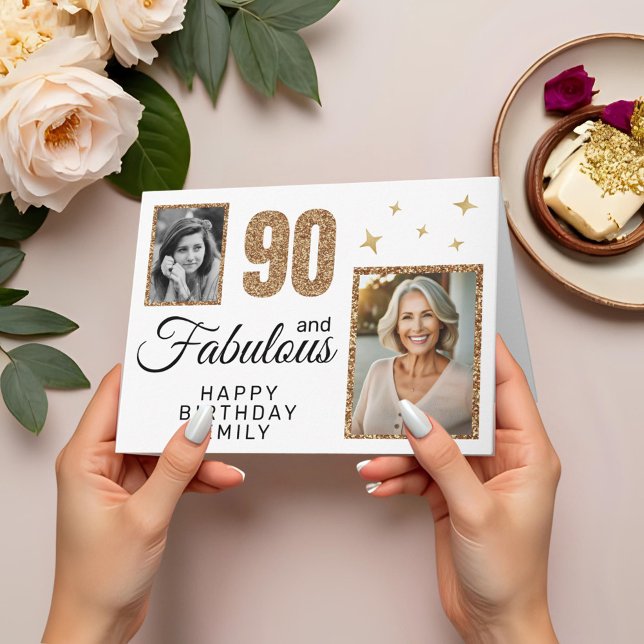 90 and Fabulous Gold Glitter 2 Photo 90th Birthday Card (Creator Uploaded)