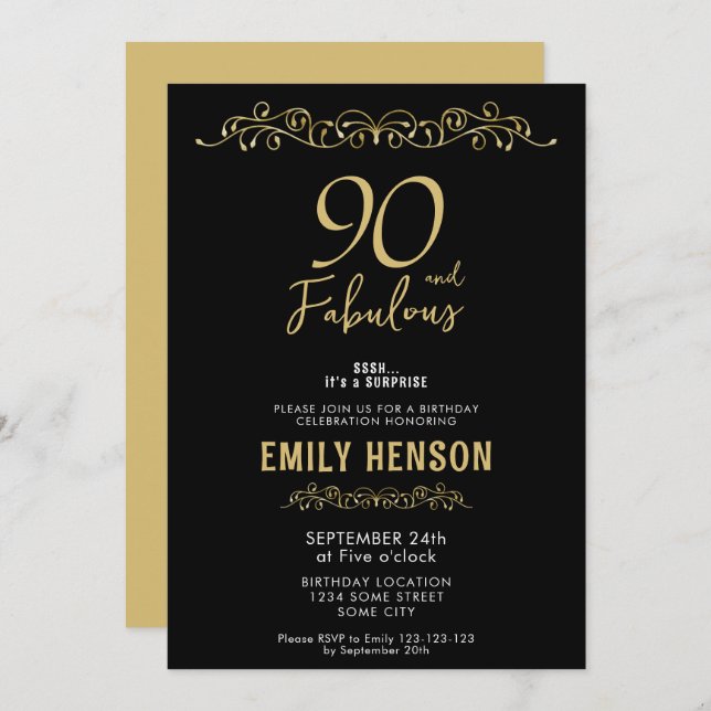 90 and Fabulous Gold Ornament 90th Birthday  Invitation (Front/Back)