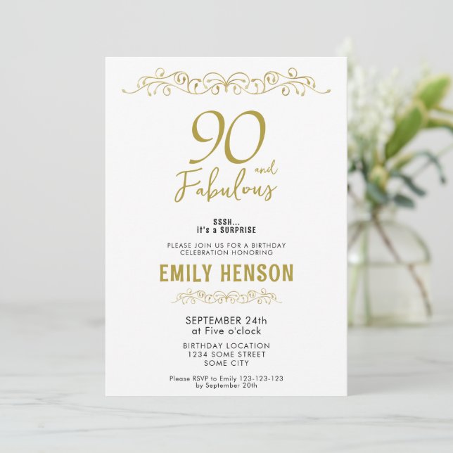 90 and Fabulous Gold Ornament 90th Birthday  Invitation (Standing Front)