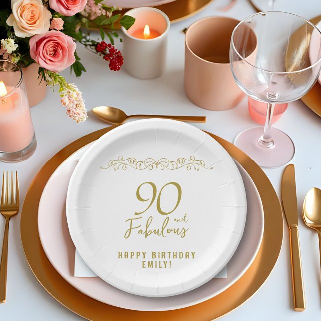 90 and Fabulous Gold Ornament 90th Birthday  Paper Plate (Creator Uploaded)