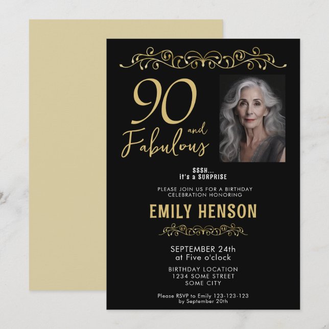 90 and Fabulous Gold Ornament 90th Birthday Photo  Invitation (Front/Back)