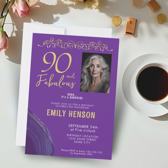 90 and Fabulous Gold Ornament 90th Birthday Photo  Invitation (Creator Uploaded)