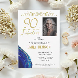 90 and Fabulous Gold Ornament 90th Birthday Photo  Invitation