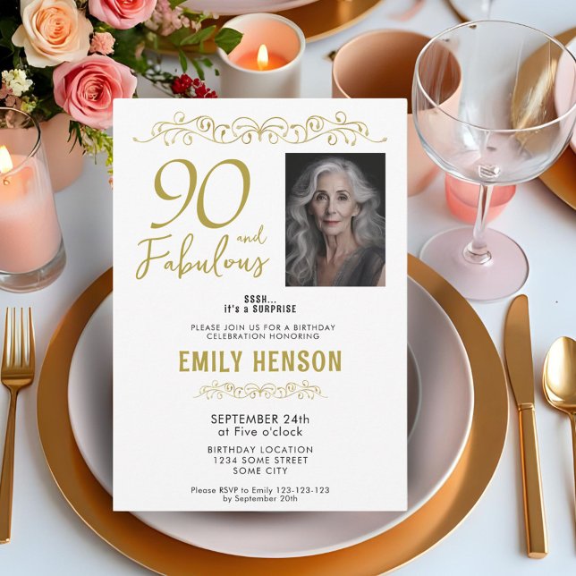 90 and Fabulous Gold Ornament 90th Birthday Photo  Invitation (Creator Uploaded)