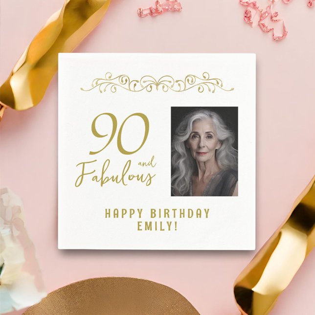 90 and Fabulous Gold Ornament 90th Birthday Photo  Napkin (Creator Uploaded)
