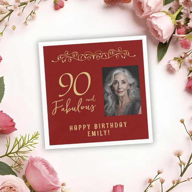 90 and Fabulous Gold Ornament 90th Birthday Photo  Napkin (Creator Uploaded)
