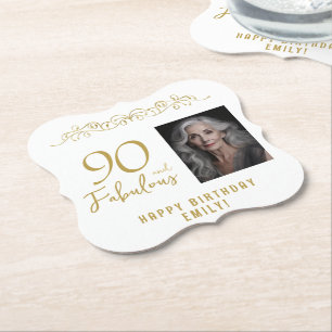 90 and Fabulous Gold Ornament 90th Birthday Photo Paper Coaster