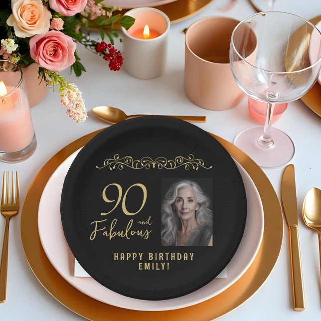 90 and Fabulous Gold Ornament 90th Birthday Photo  Paper Plate (Creator Uploaded)