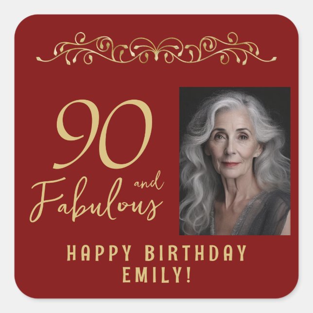 90 and Fabulous Gold Ornament 90th Birthday Photo  Square Sticker (Front)