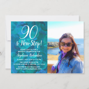 90 and Non-Stop Abstract Ocean Blue Photo Birthday Invitation