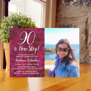 90 and Non-Stop Red Rose Photo Birthday Party Invitation