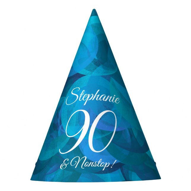 90 and Nonstop Elegant Ocean Blue Birthday Party Hat (Front)