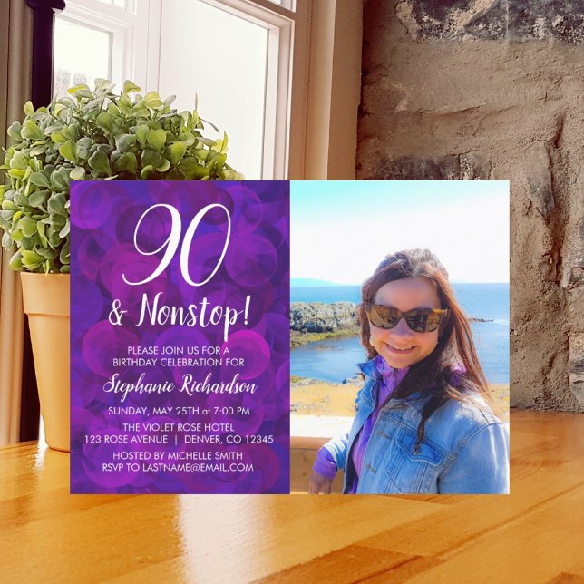 90 and Nonstop Elegant Purple Photo Birthday Invitation (Creator Uploaded)