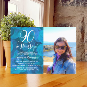 90 and Nonstop Ocean Blue Photo Birthday Invitation