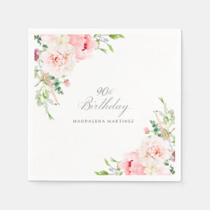 90 Birthday Party Pink Floral Custom Cocktail Napkin