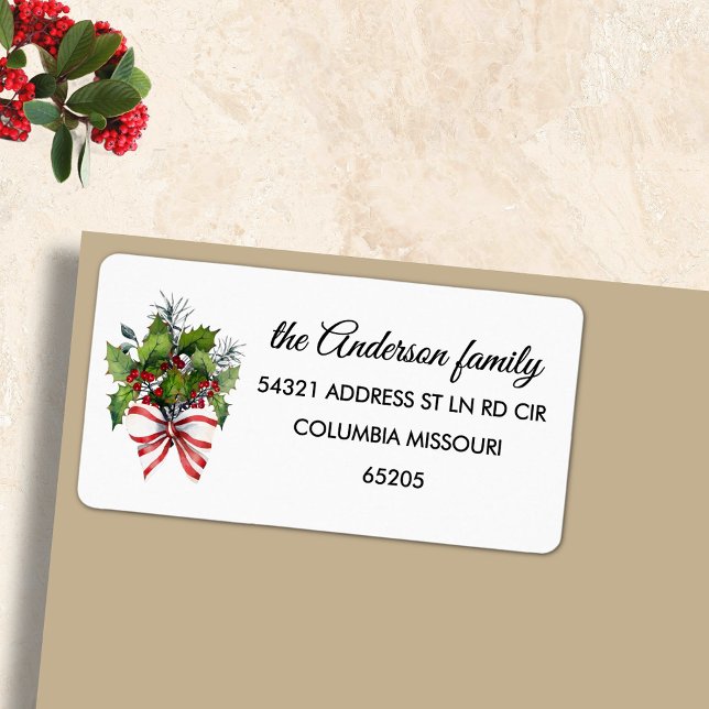 90 Bow, Holly & Red Berries Return Address Label (Creator Uploaded)