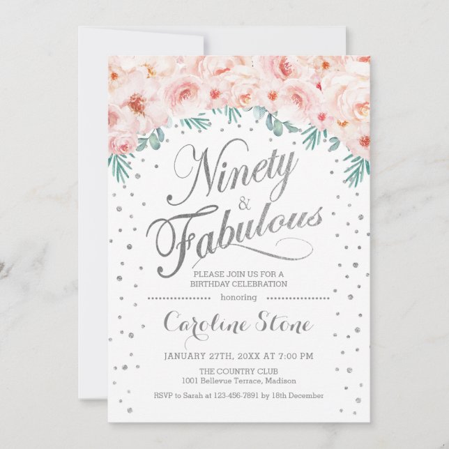 90 Fabulous Birthday Party - White Silver Pink Invitation (Front)